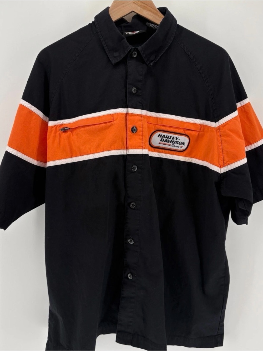 Harley Davidson Shop Shirt Men's L/XL Black Orange Biker Racing Mechanic Moto